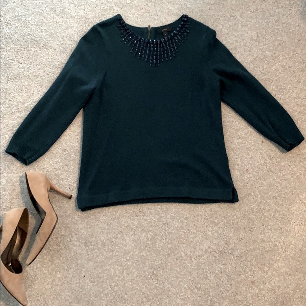 Emerald cashmere sweater w/ embellished neckline.